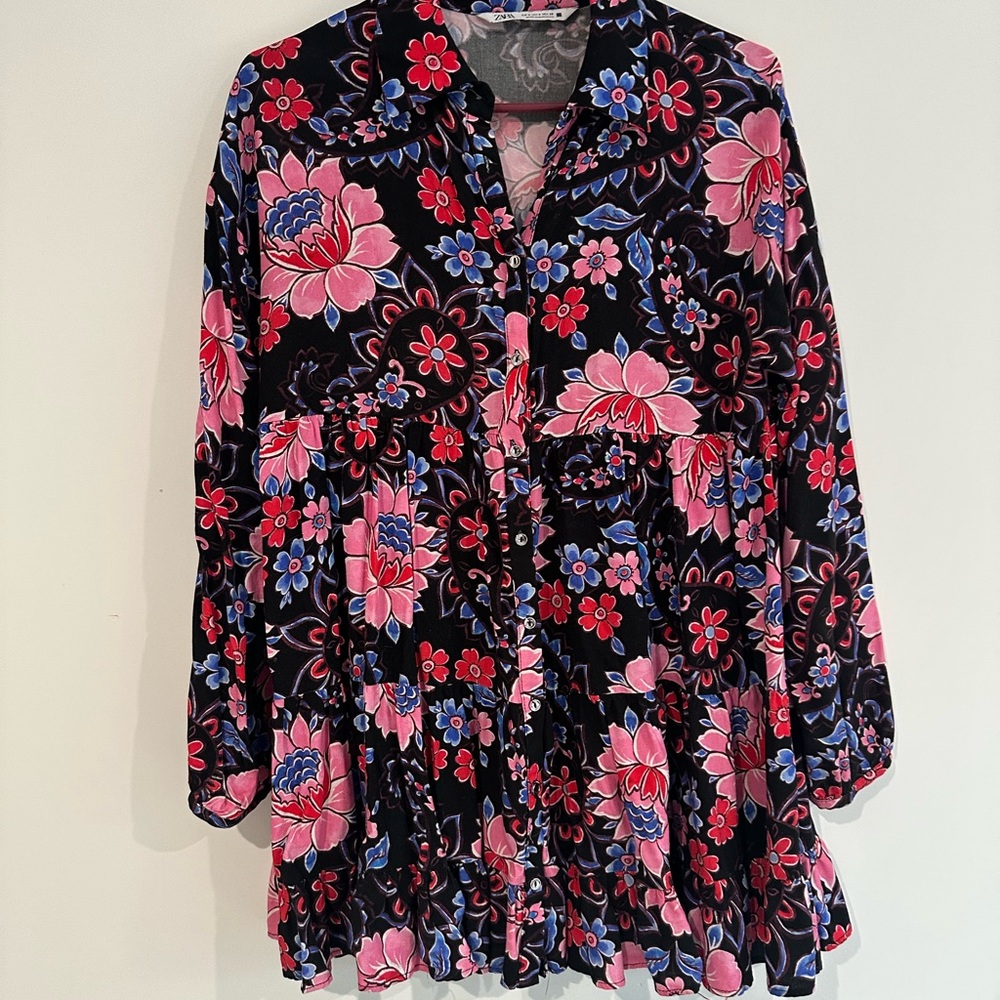 Zara Black Floral Shirt Dress with Pink and Blue Accents